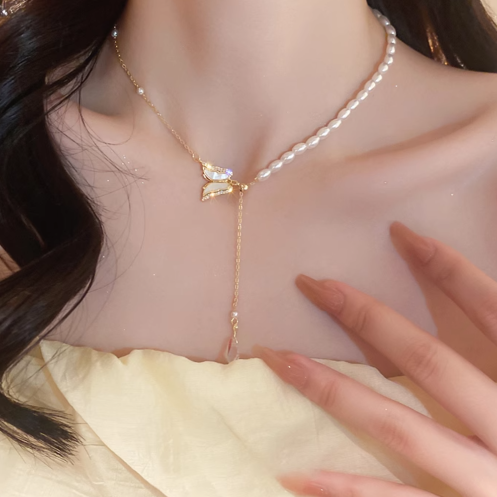 Dangling Butterfly Pearl Necklace