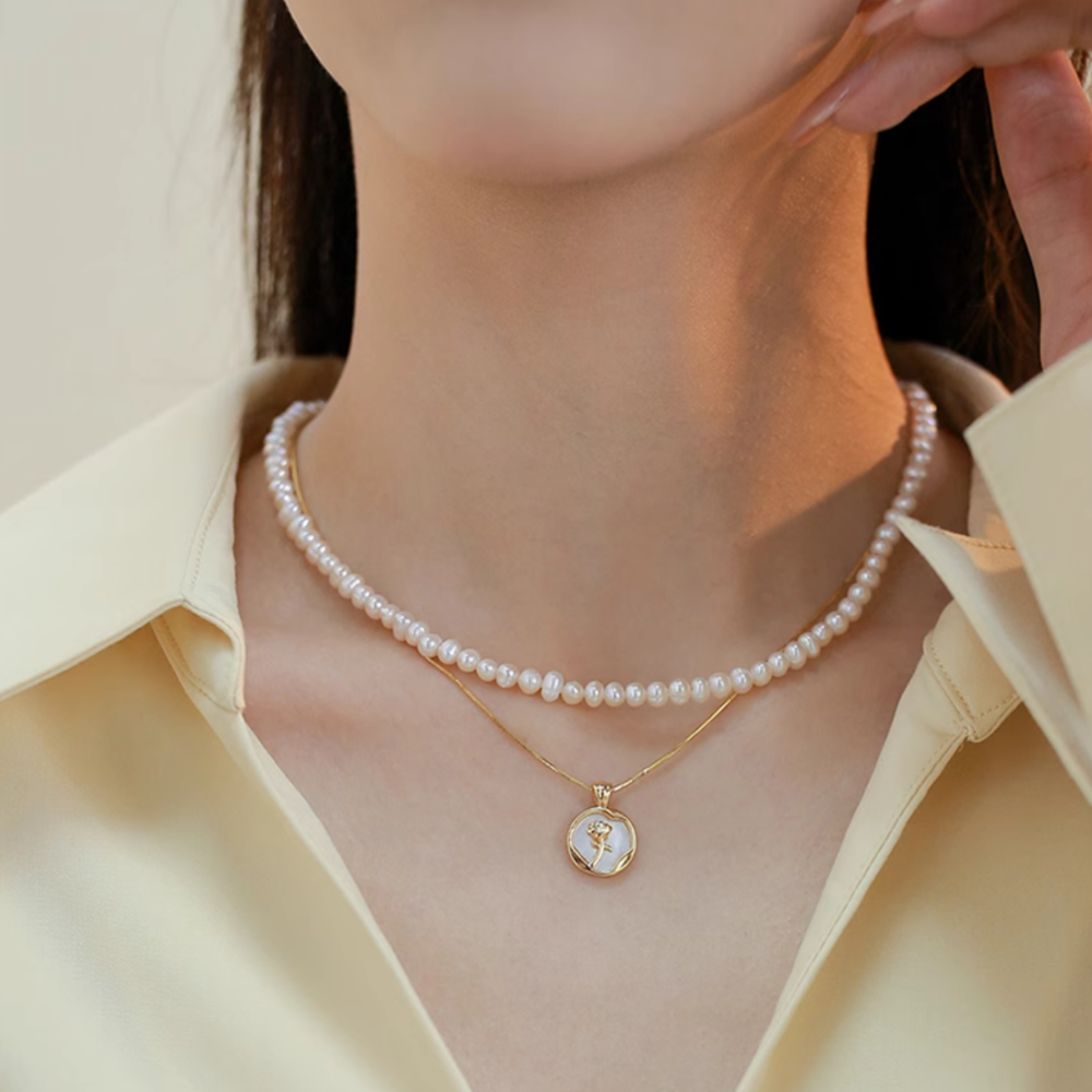 Double Layer Pearl Necklace with Rose Pendant,Tiny Bead Choker, Delicate Collarbone Chain